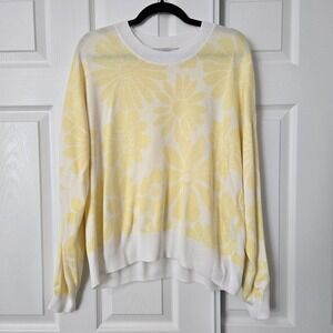 LOFT Womens XL Yellow White Floral Daisy Knit Pullover Crewneck Sweater
